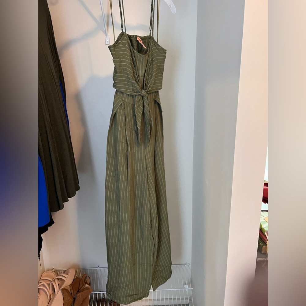 Green pinstripe wide leg jumpsuit